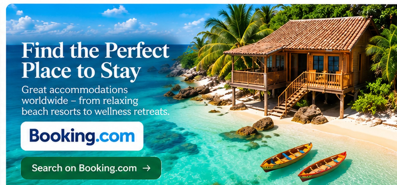 Find the perfect place to stay: tropical bungalow and turquoise sea, Booking.com