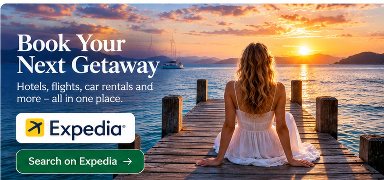 Book your next getaway on Expedia: ocean sunset and woman seated on a pier