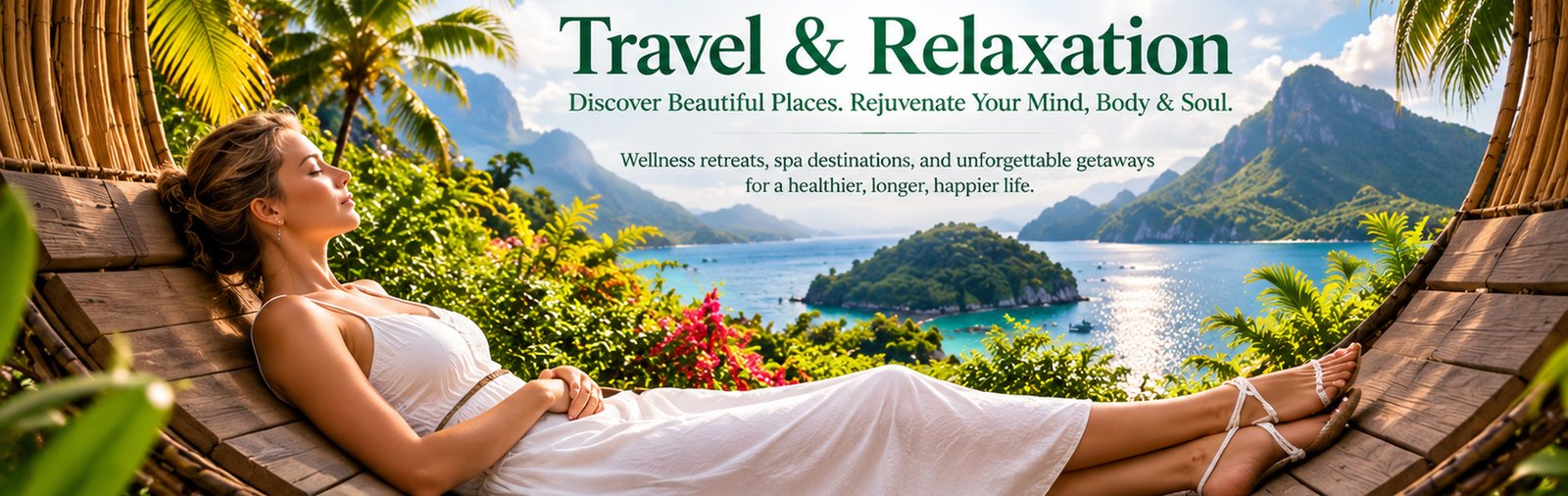 Travel and Relaxation: woman resting in a bamboo hammock overlooking a tropical bay