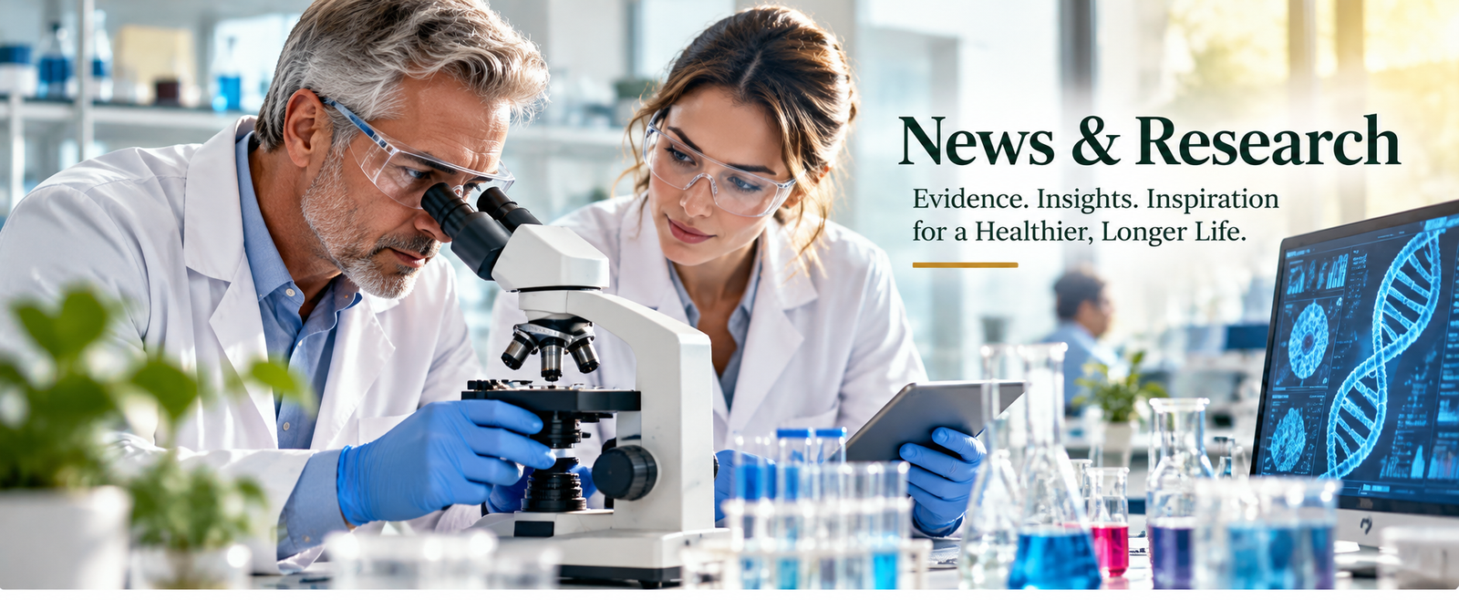 Two laboratory researchers, a woman and an older man, working together beside a microscope in a modern laboratory.